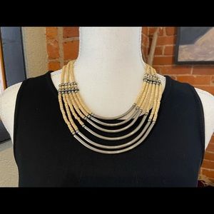 Silver Colored Bar and Wood Colored Seed Bead Boho Necklace